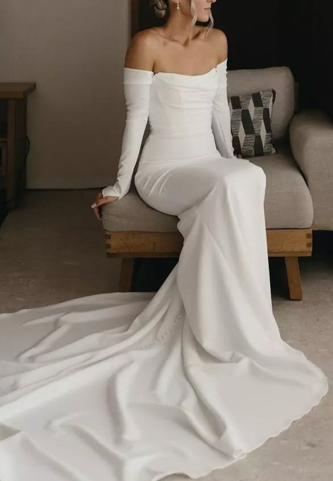 Off-Shoulder Long Sleeves Sleek Mermaid Beach Wedding Dress