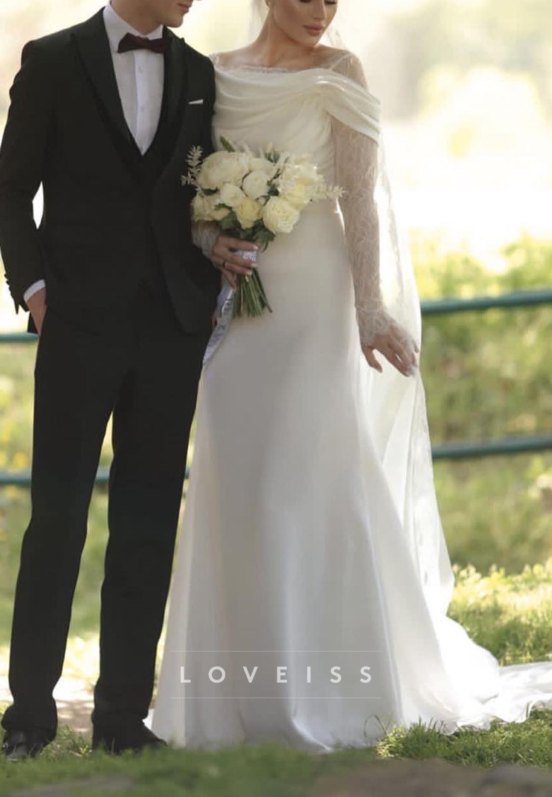 Off-Shoulder Long Sleeves Sleek Mermaid Wedding Dress