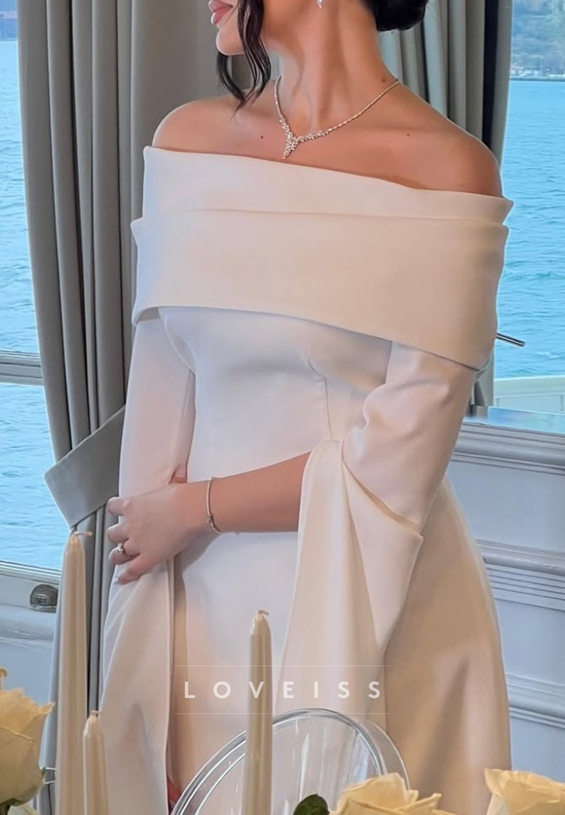 Off-Shoulder Long Sleeves Sleek Sheath Evening Dress