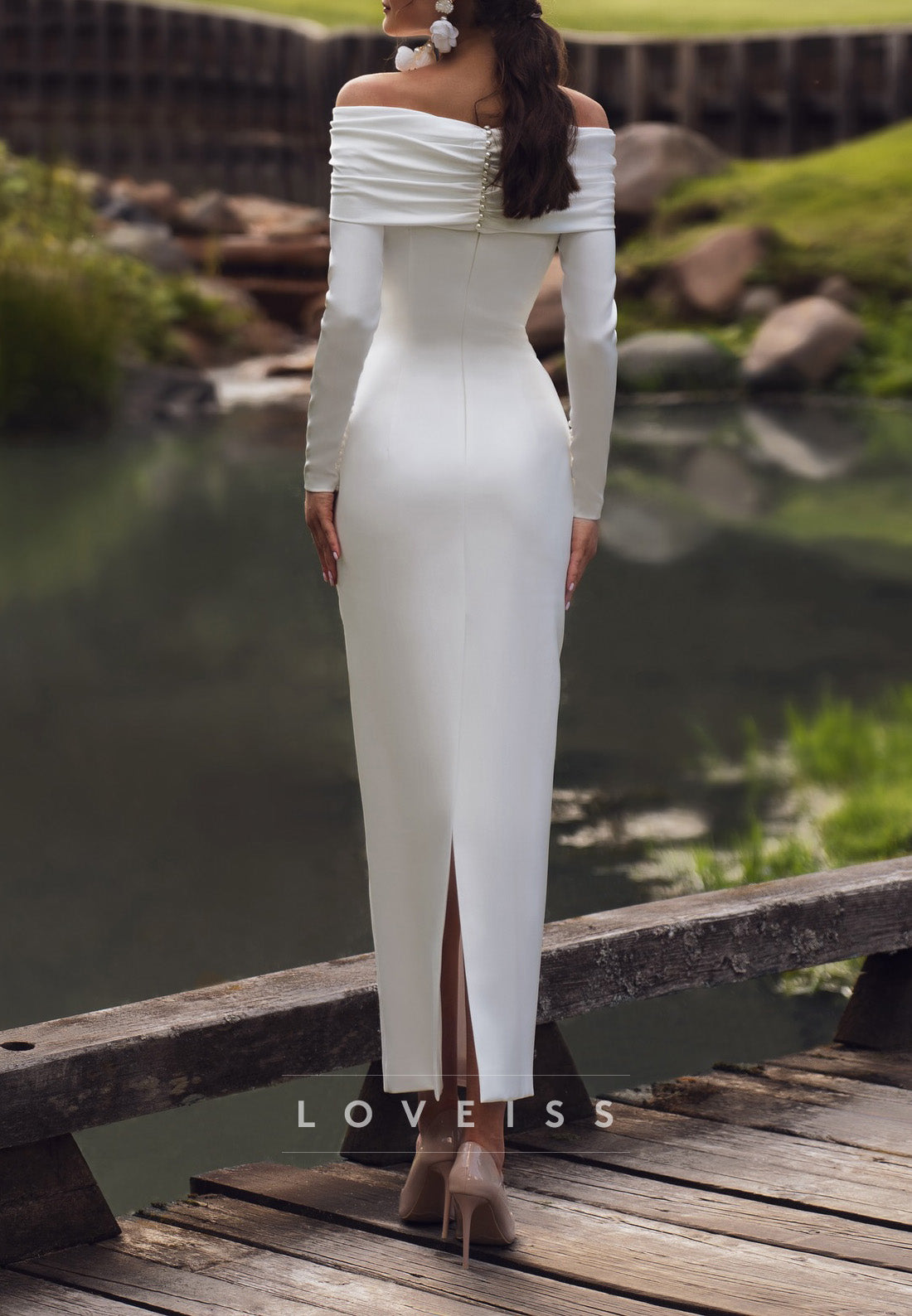 Off-Shoulder Long Sleeves Sleek Sheath Simple Wedding Dress