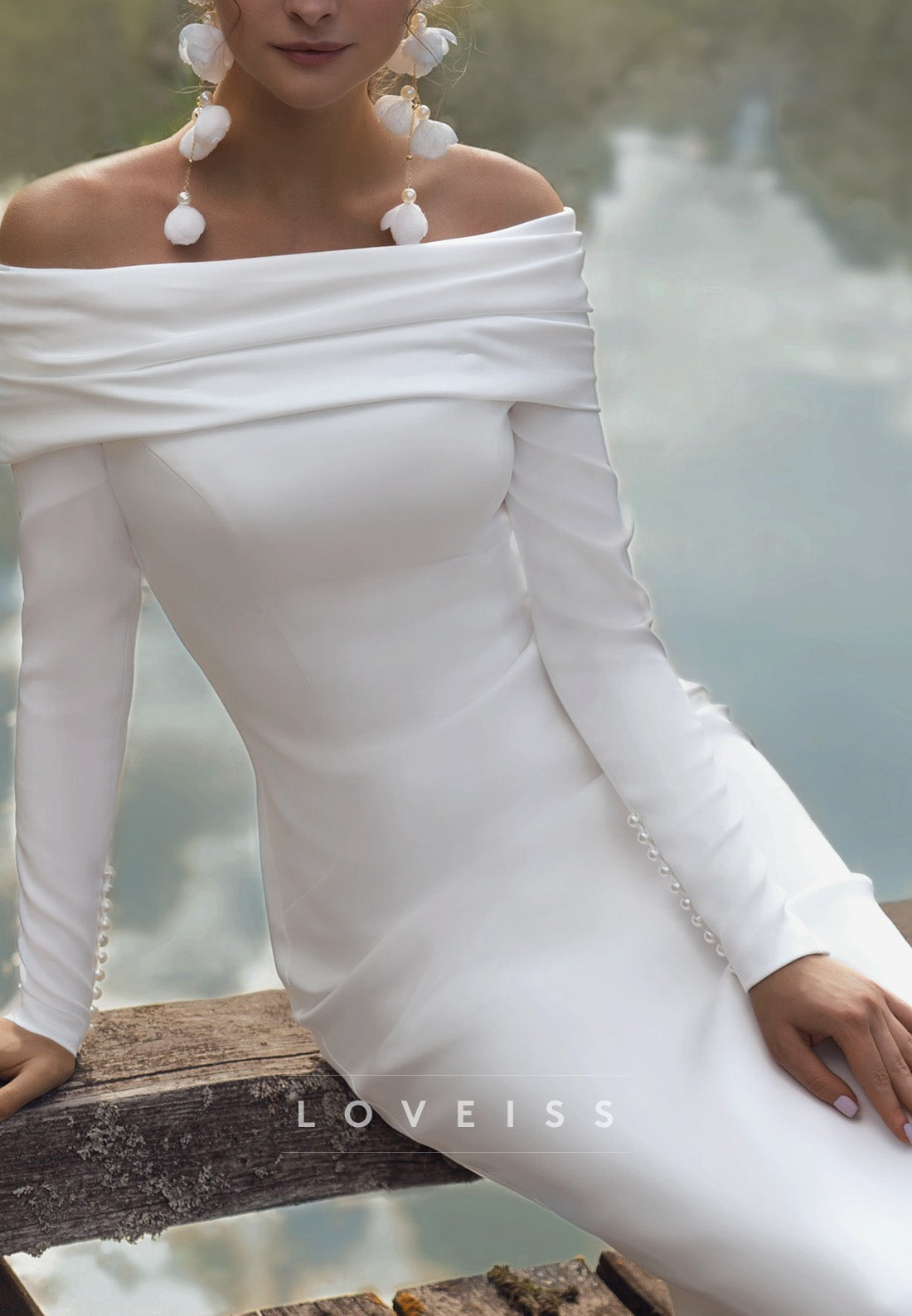 Off-Shoulder Long Sleeves Sleek Sheath Simple Wedding Dress