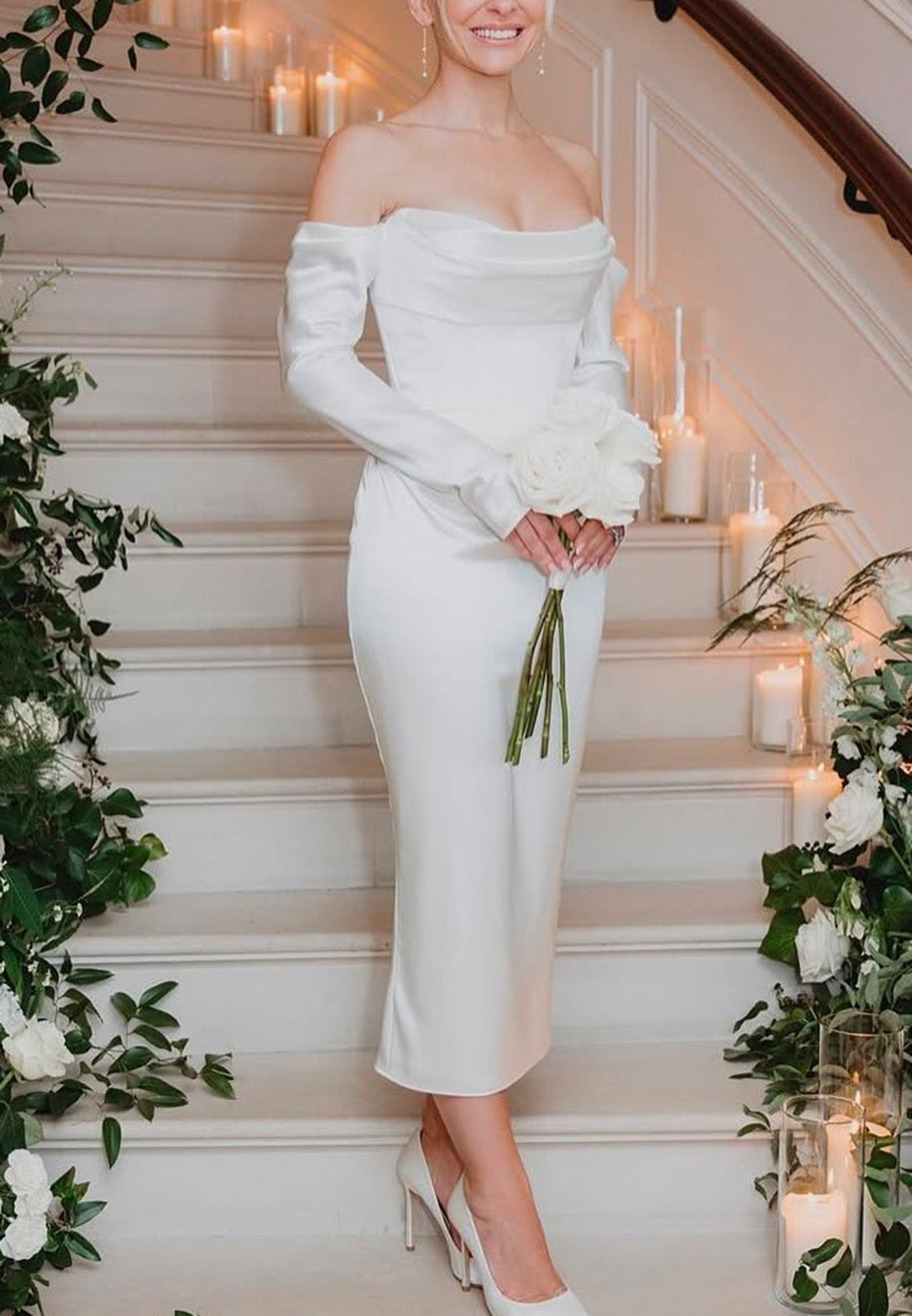 Off-Shoulder Long Sleeves Sleek Sheath Wedding Dress