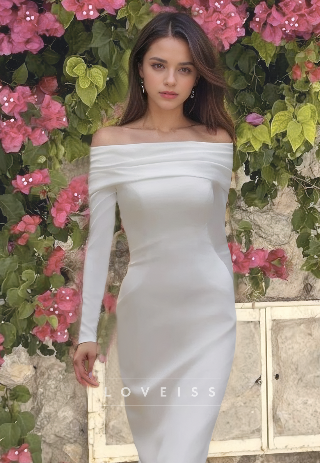 Off-Shoulder Long Sleeves Sleek Sheath Wedding Dress