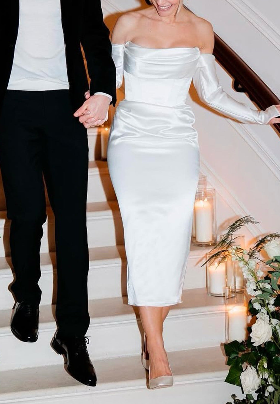 Off-Shoulder Long Sleeves Sleek Sheath Wedding Dress
