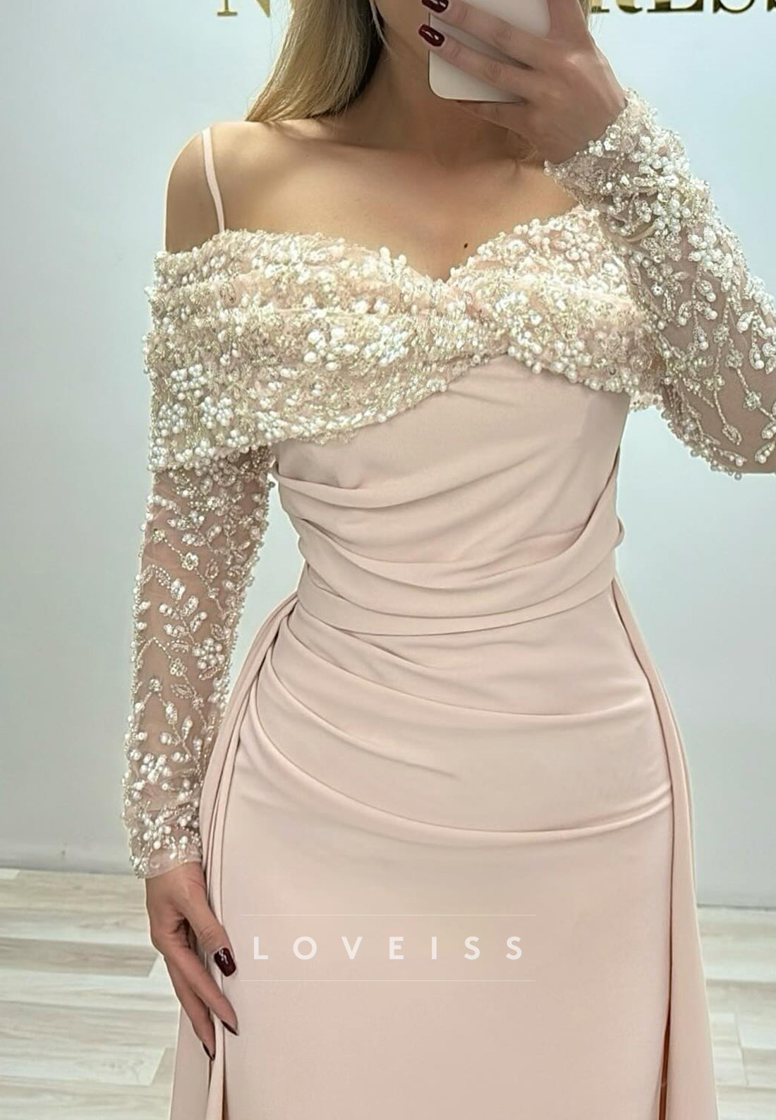 Off-Shoulder Long Sleeves Spaghetti Straps Sheath Formal Dress