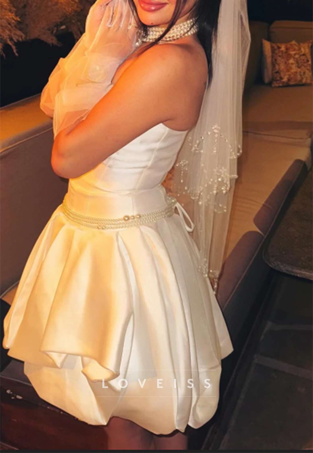Off-Shoulder Pearl Sleeveless Pleated A-Line Short Wedding Dress