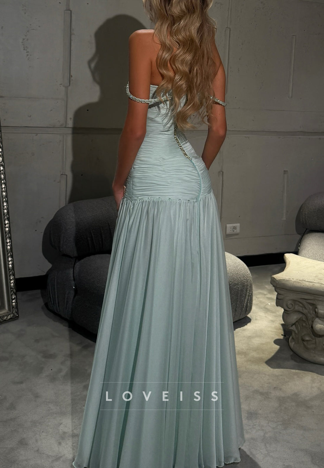Off-Shoulder Pleated Beaded A-Line Evening Dress