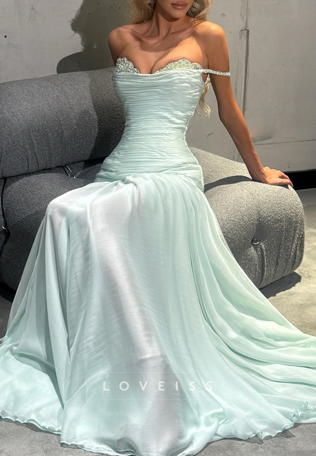 Off-Shoulder Pleated Beaded A-Line Evening Dress
