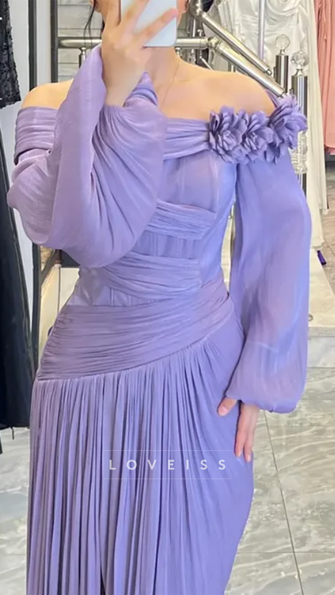 Off-Shoulder Pleated Long Sleeves Sheath Evening Dress