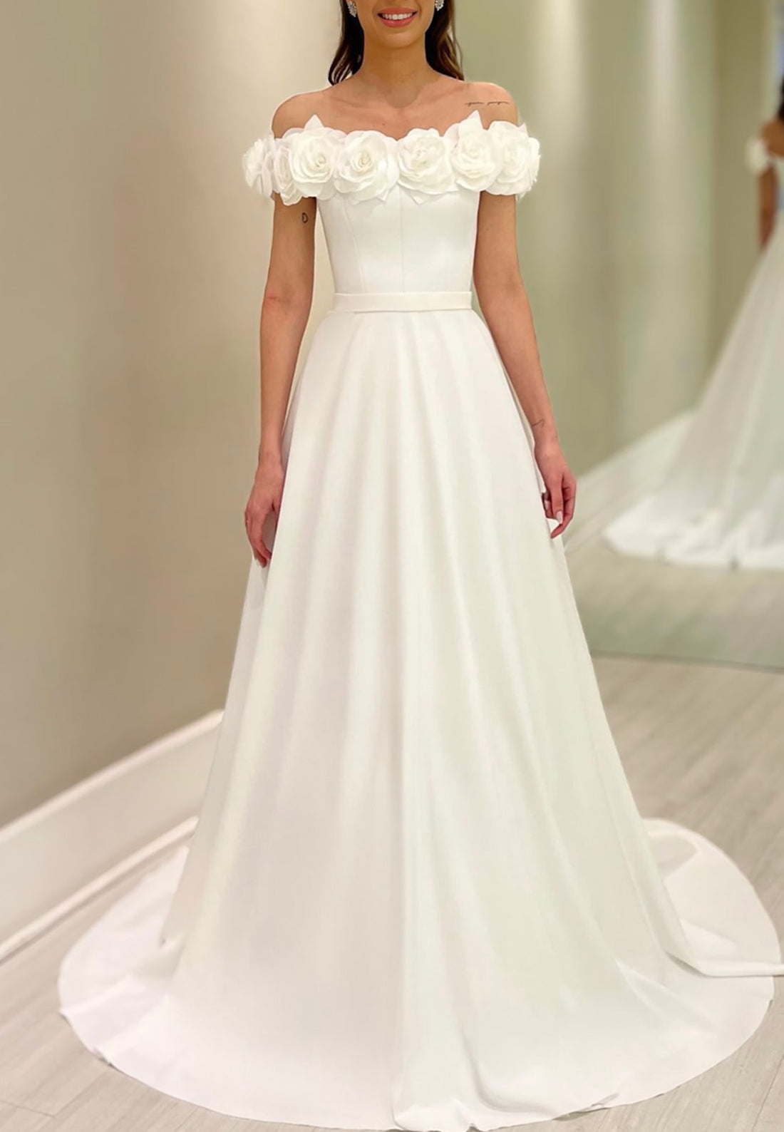 Off-Shoulder Pleated Sleek 3D Floral A-Line Classic Wedding Dress