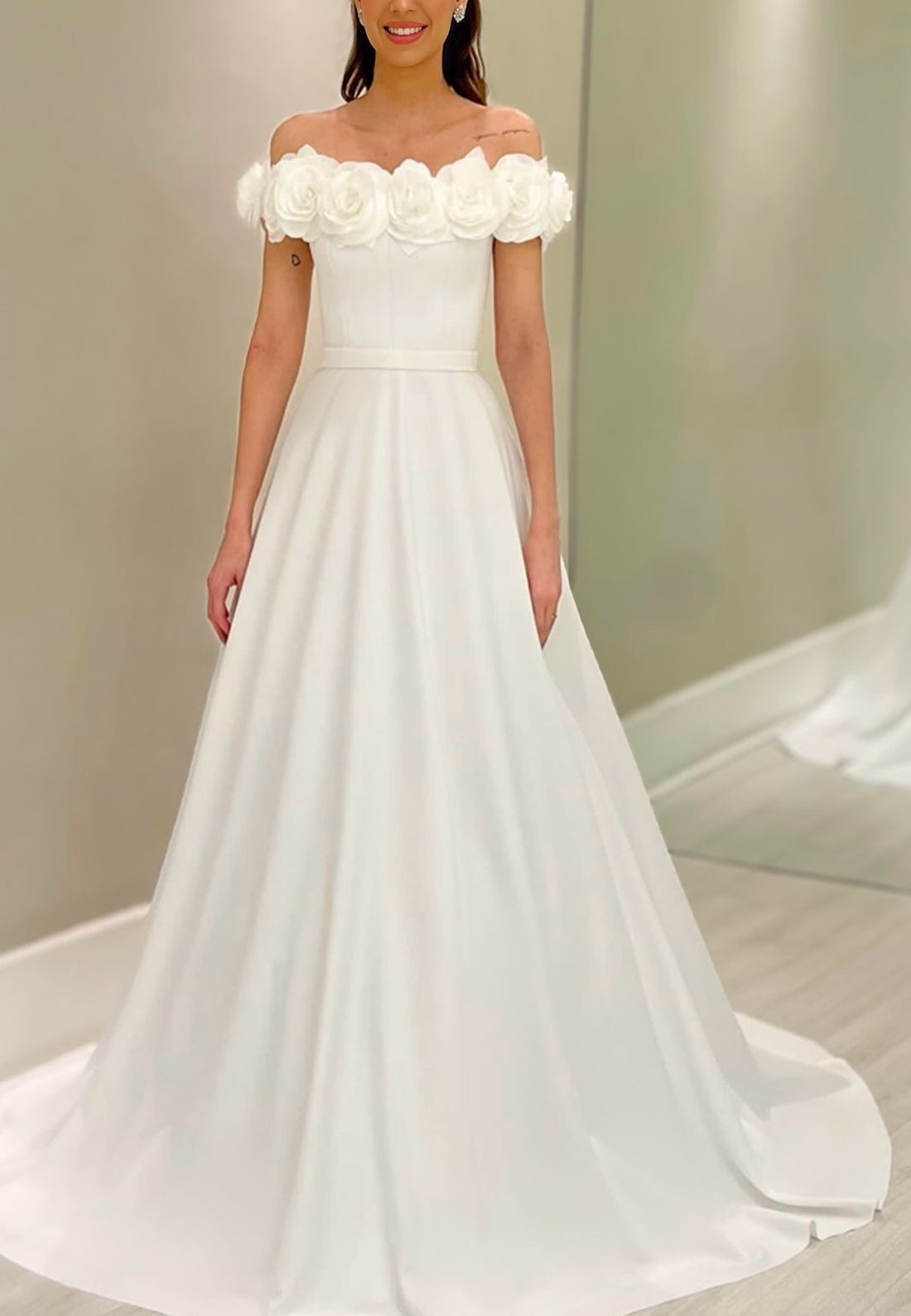 Off-Shoulder Pleated Sleek 3D Floral A-Line Classic Wedding Dress