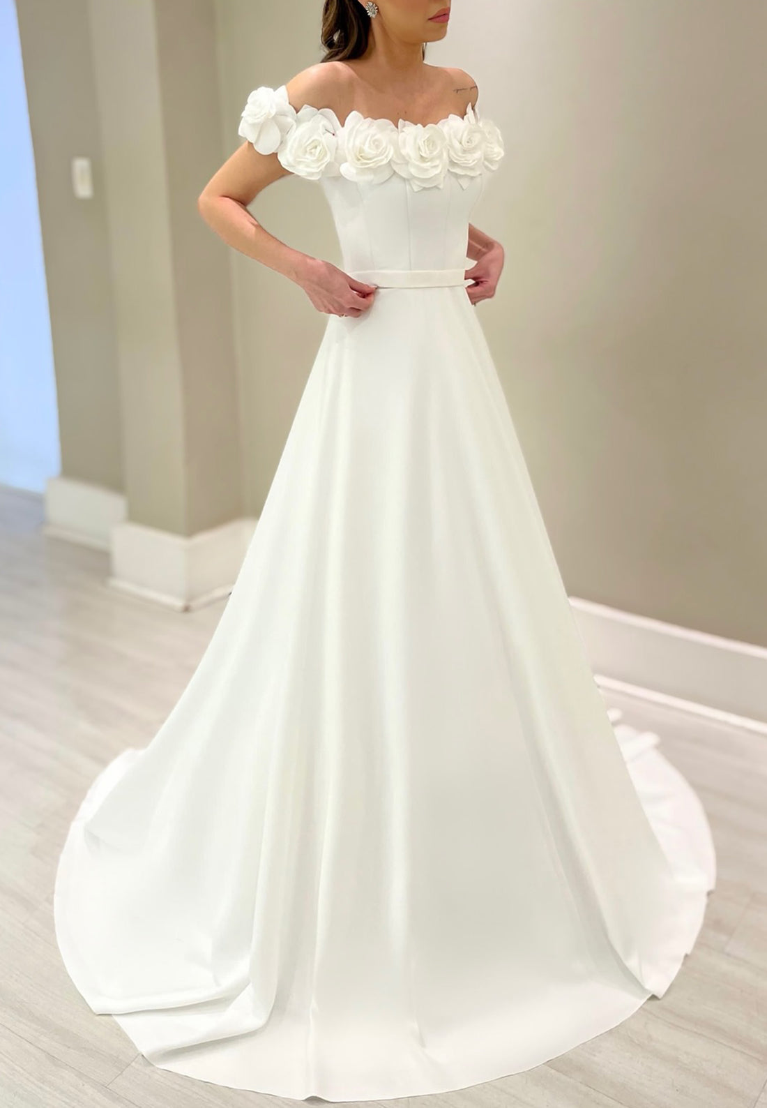 Off-Shoulder Pleated Sleek 3D Floral A-Line Classic Wedding Dress