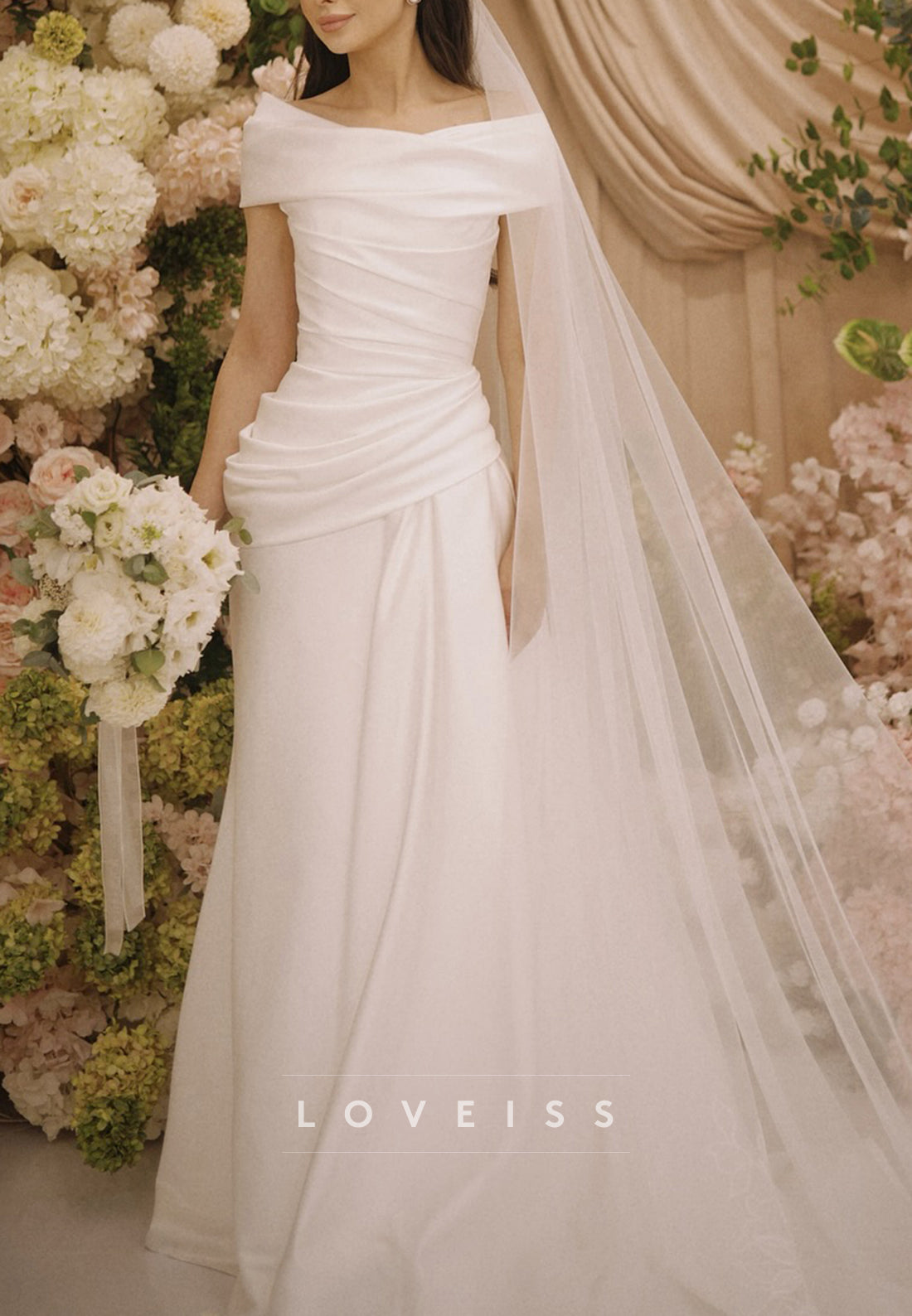 Off-Shoulder Pleated Sleeveless Satin A-Line Simple Wedding Dress Loveiss Off-Shoulder Pleated Sleeveless Satin A-Line Simple Wedding Dress Loveiss