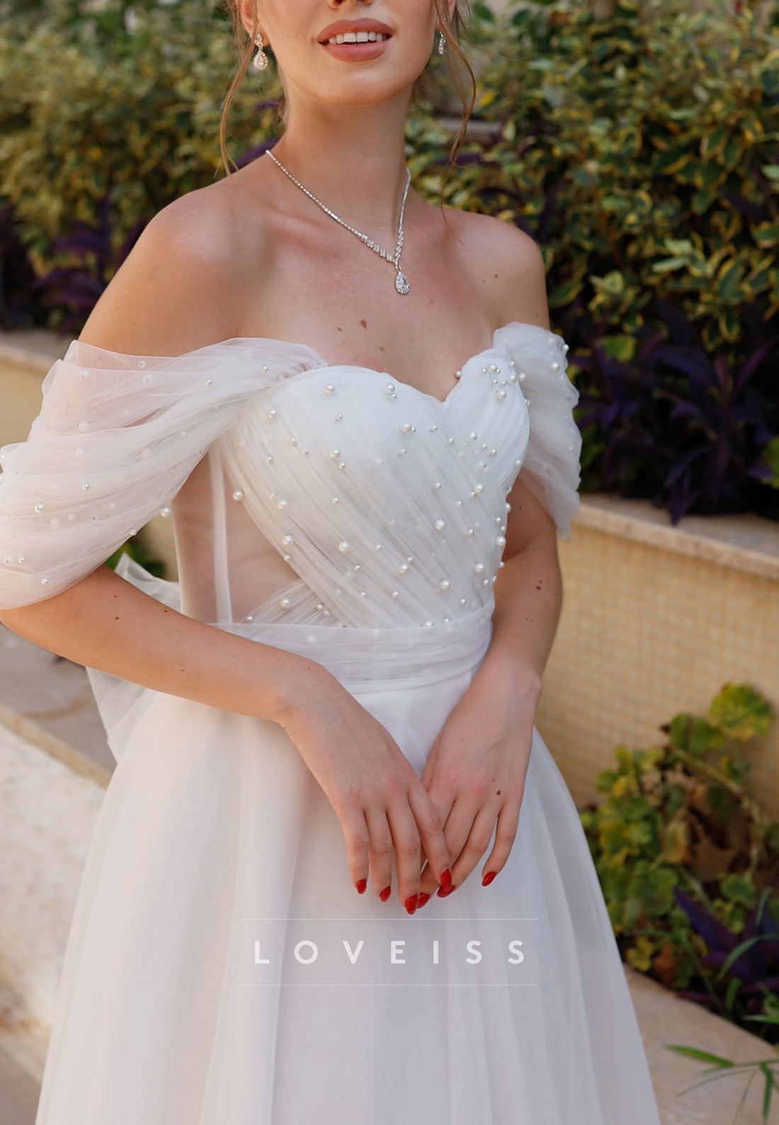 Off-Shoulder Pleated Tulle Pearl A-Line Wedding Dress