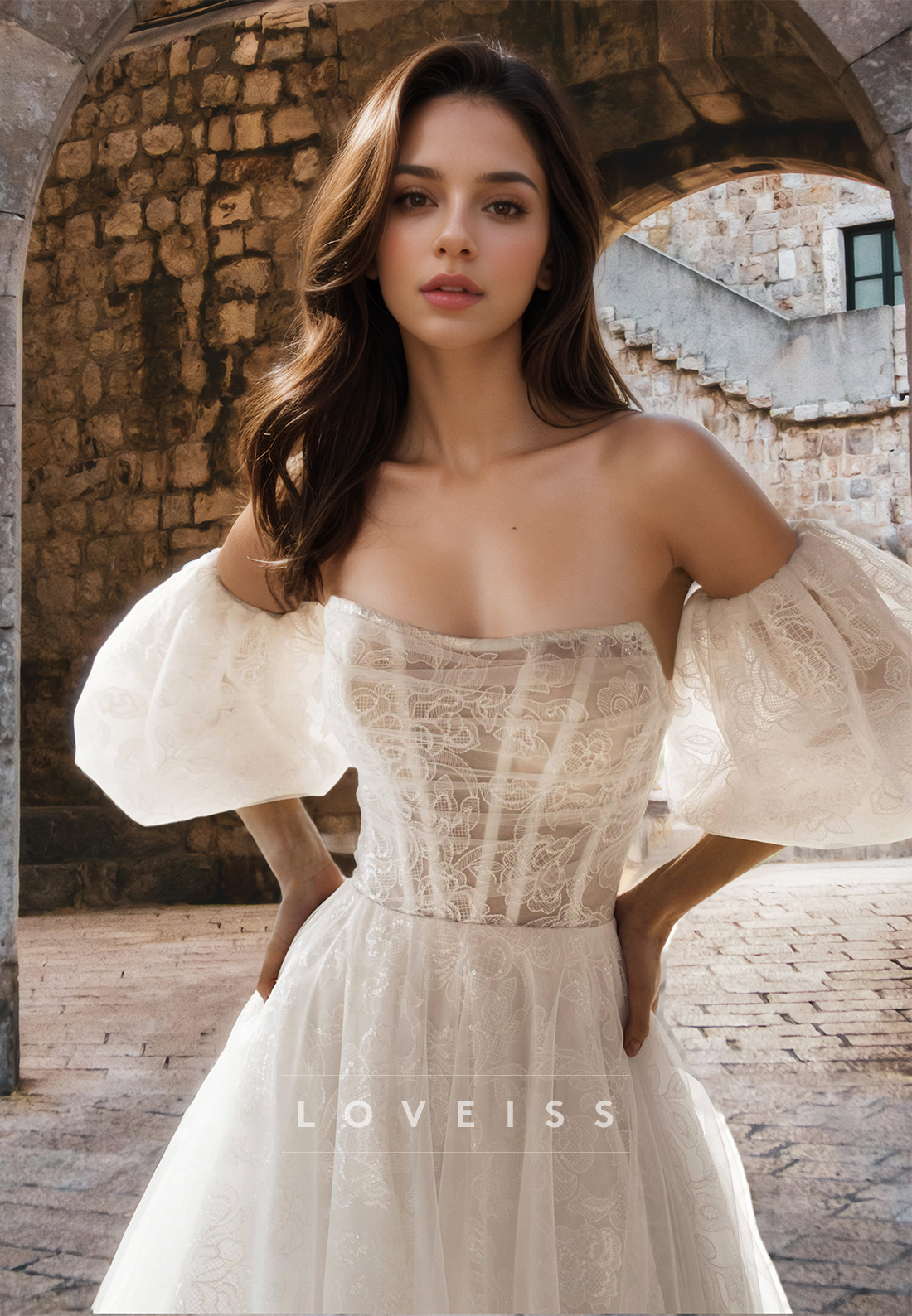 Off-Shoulder Puff Sleeves Appliques A-Line Ball Gown Wedding Dress