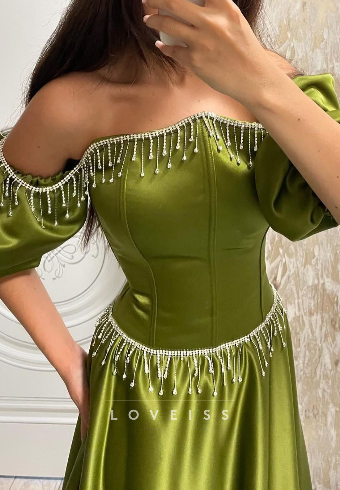 Off-Shoulder Puff Sleeves Beaded A-Line Prom Dress