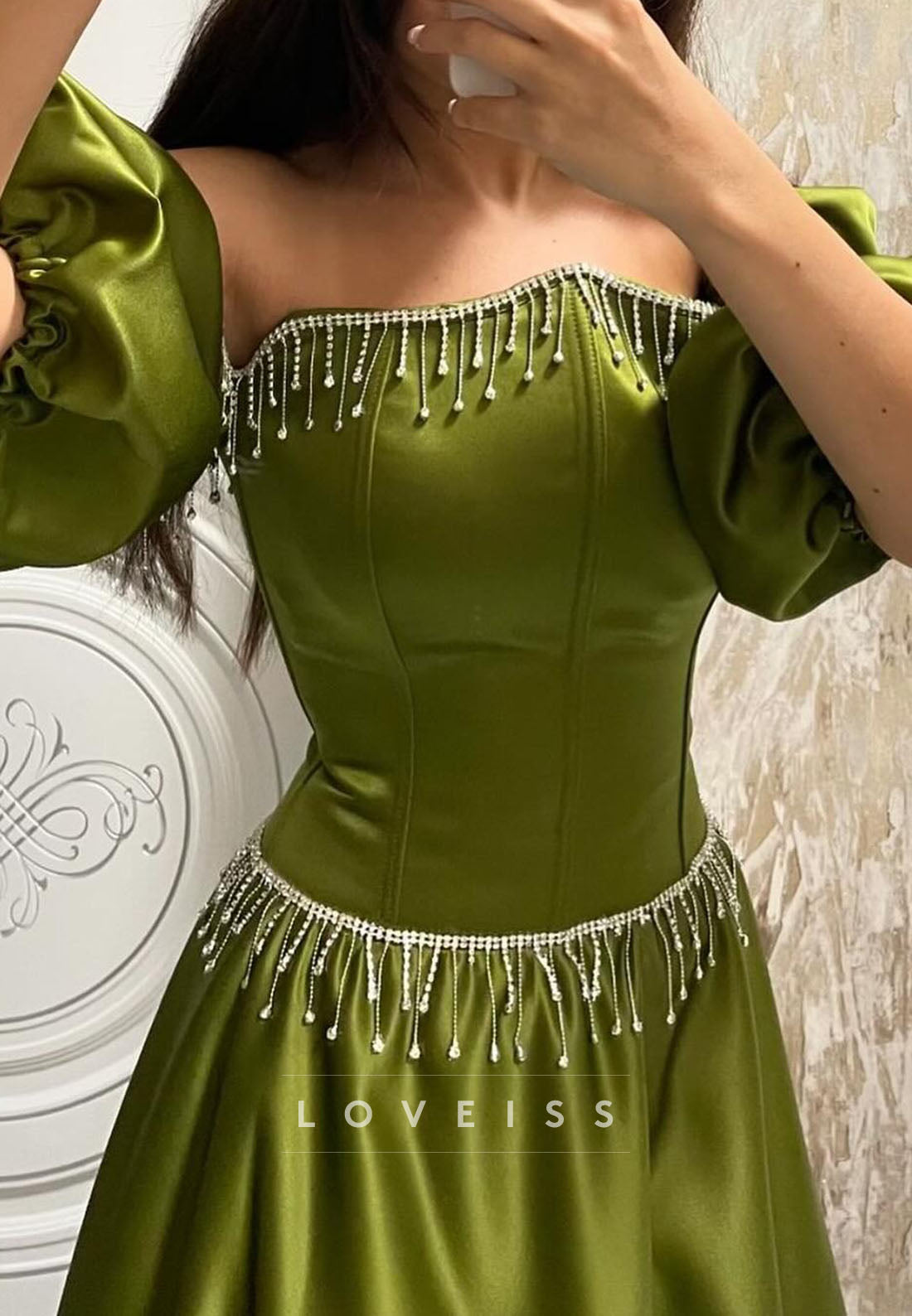 Off-Shoulder Puff Sleeves Beaded A-Line Prom Dress