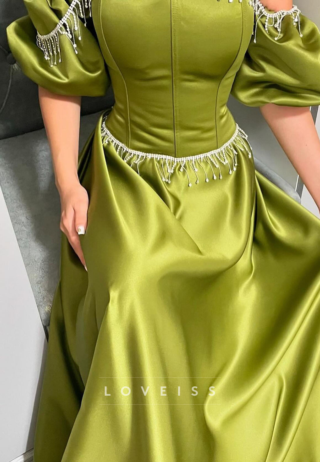 Off-Shoulder Puff Sleeves Beaded A-Line Prom Dress
