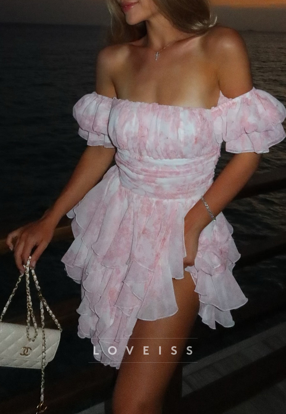 Off-Shoulder Puff Sleeves Tiered Floral Printed A-Line Party Homecoming Dress