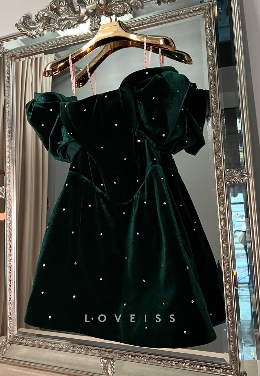 Off-Shoulder Puff Sleeves Velvet Beaded A-Line Party Homecoming Dress