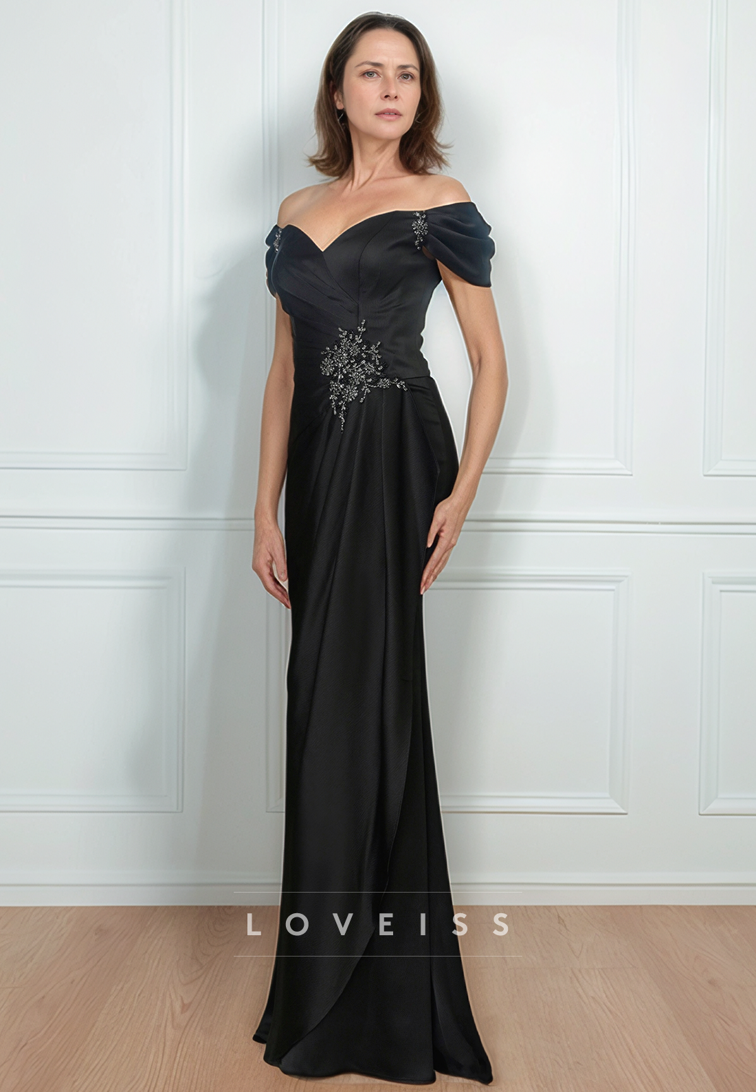 Off-Shoulder Ruched 3D Floral Ruffles Sheath Mother of Bride Dress