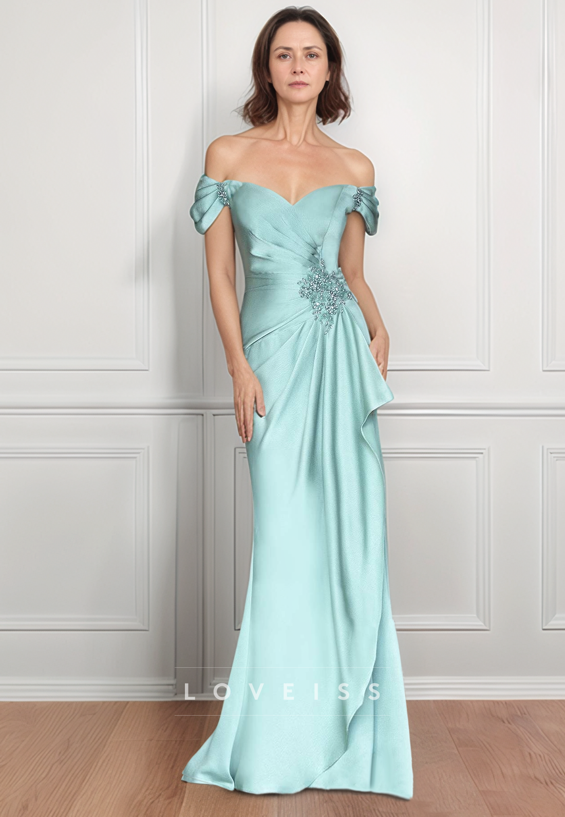 Off-Shoulder Ruched 3D Floral Ruffles Sheath Mother of Bride Dress