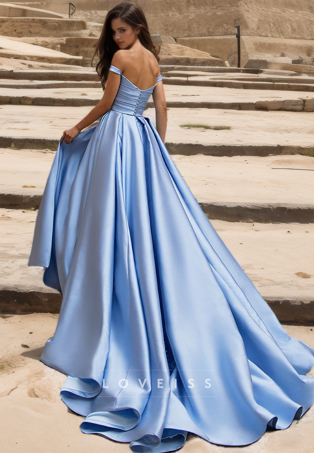 Off-Shoulder Ruffled Pleated Sleek Satin A-Line Wedding Dress