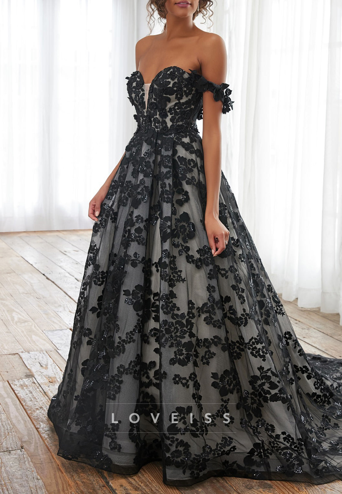 Off-Shoulder Sequins Appliques A-Line Black Wedding Dress