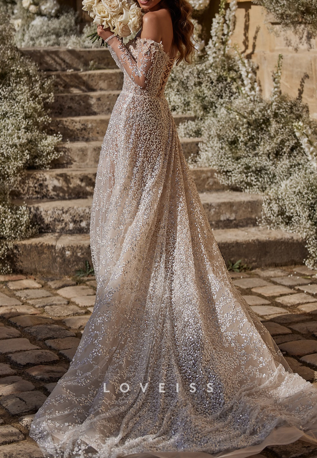 Off-Shoulder Sequins Appliques Long Sleeves A-Line Wedding Dress