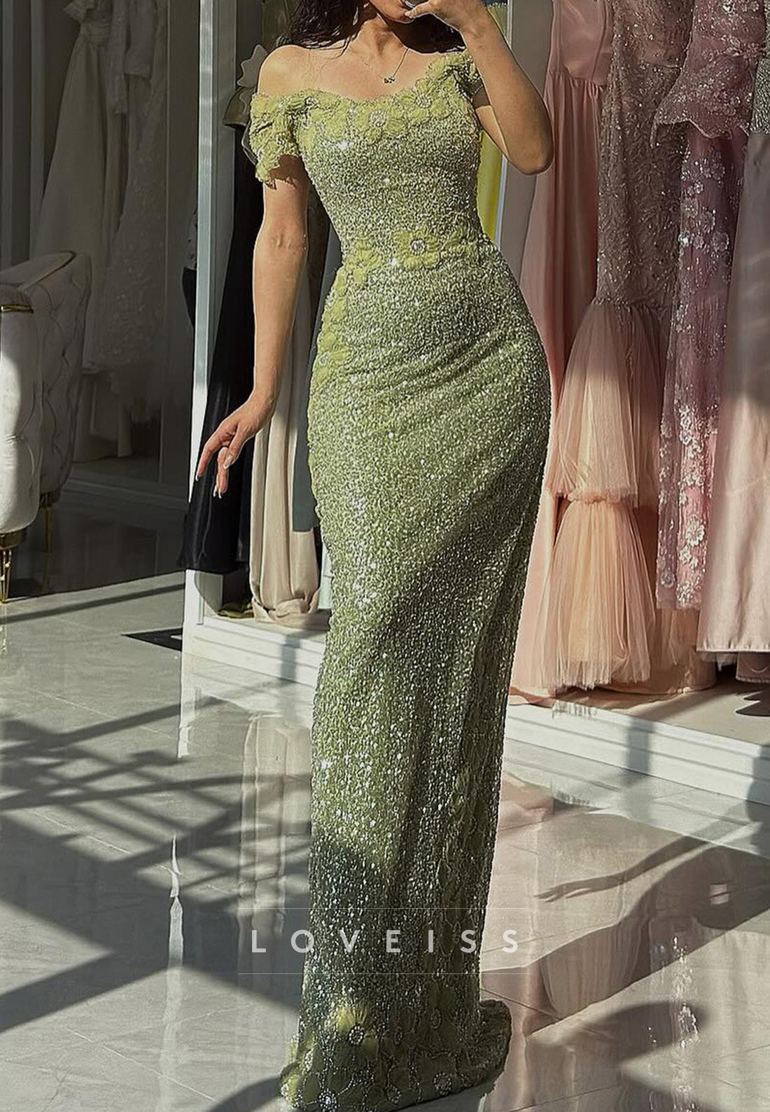 Off-Shoulder Sequins Appliques Sparkly Mermaid Evening Dress