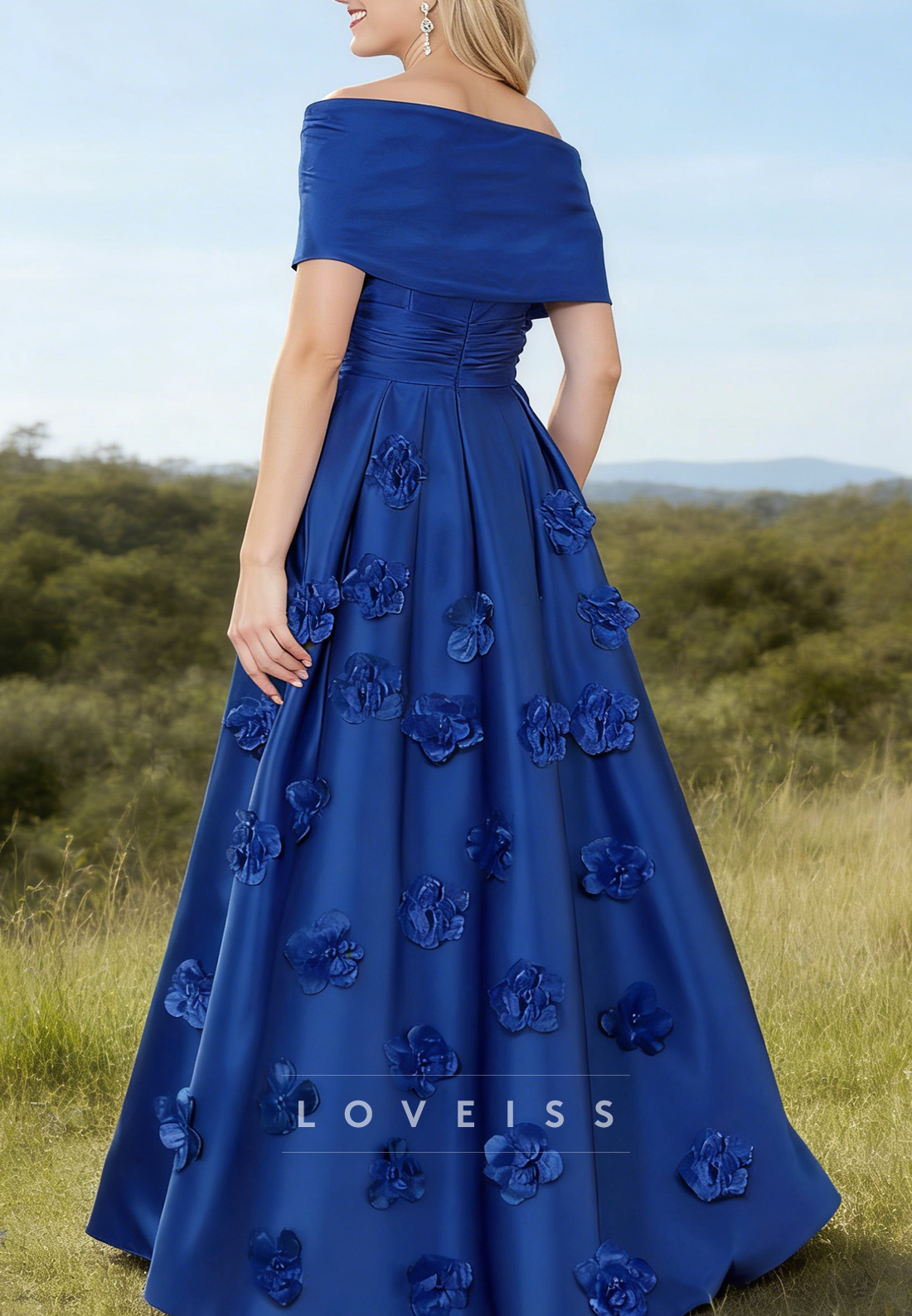 Off-Shoulder Short Sleeves Floral Embellished A-Line Evening Dress