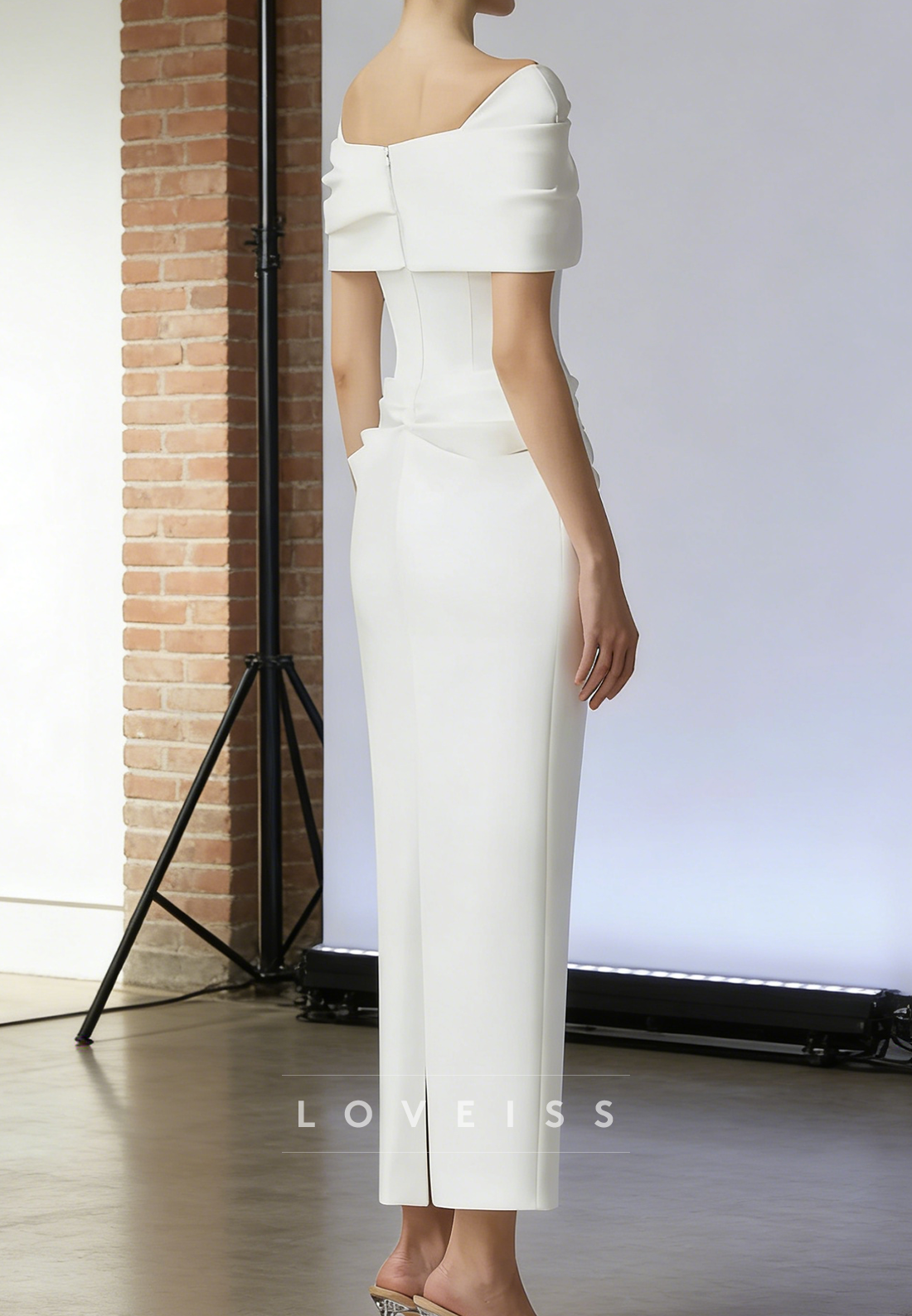 Off-Shoulder Short Sleeves Sheath Satin Wedding Dress