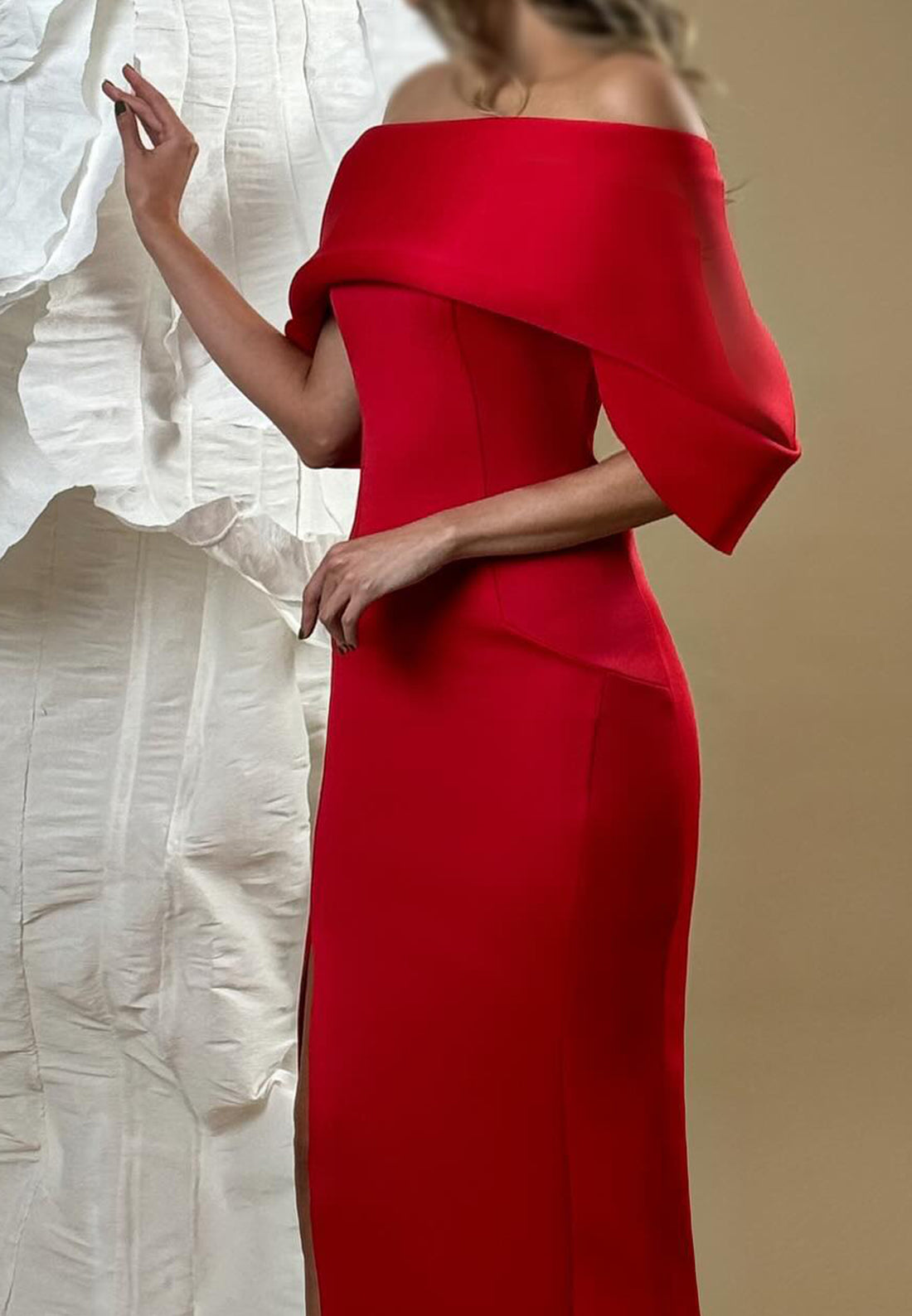 Off-Shoulder Short Sleeves Sleek Wedding Guest Sheath Formal Dress