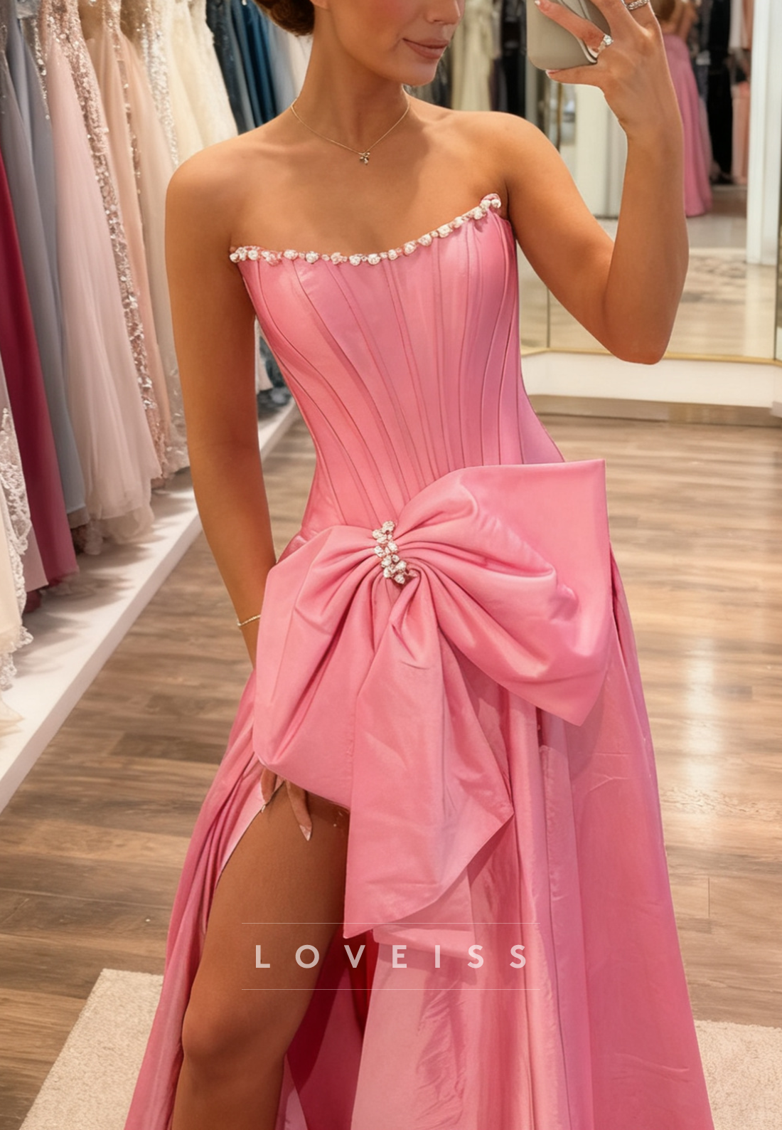 Off-Shoulder Side Slit Bow A-Line Prom Dress