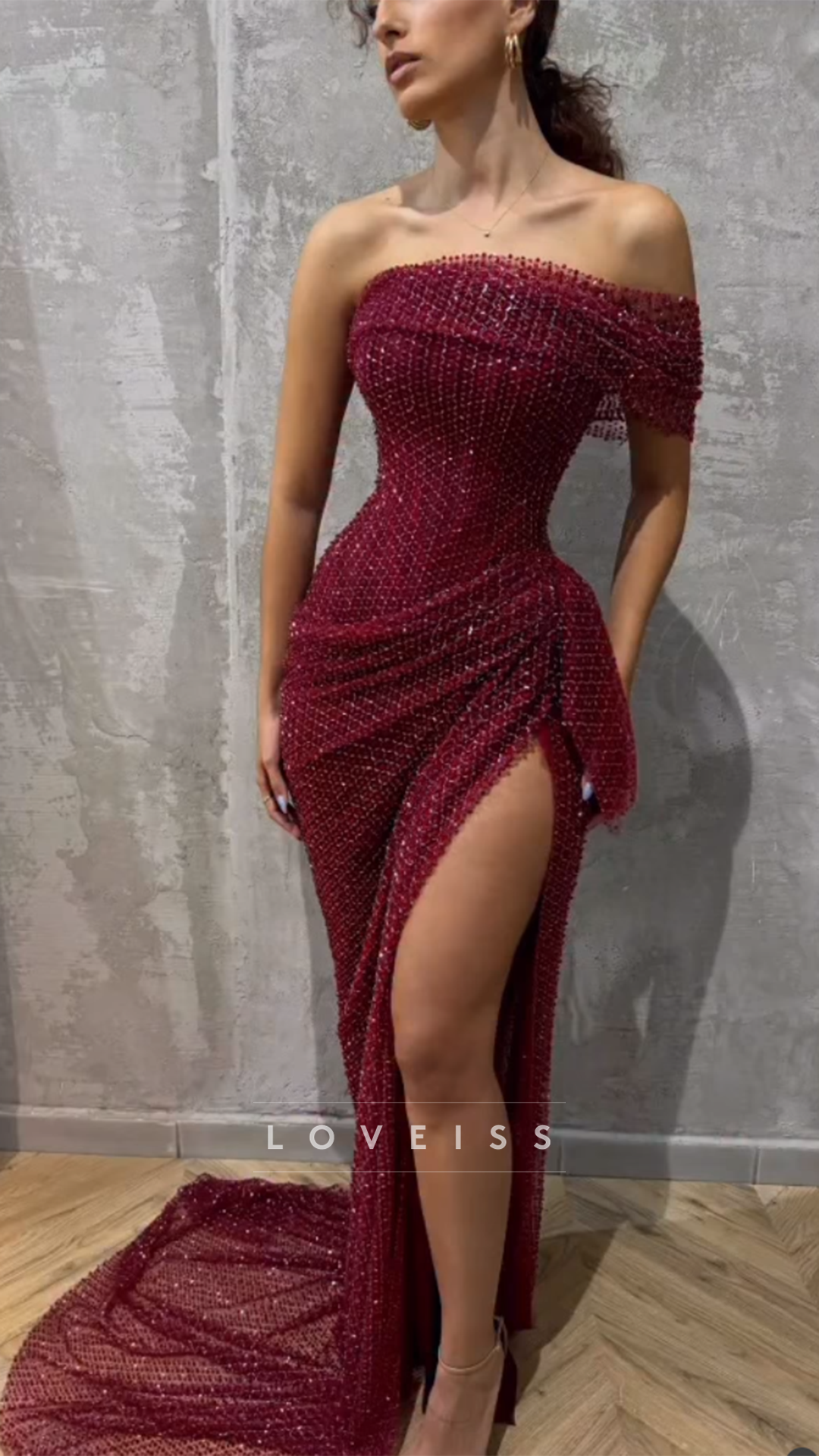 Off-Shoulder Side Slit Sparkly Mermaid Prom Dress