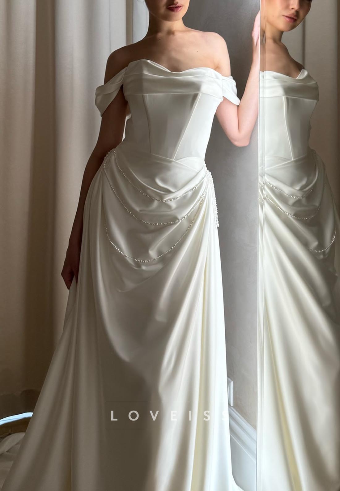 Off-Shoulder Sleek Pleated Pearl Sheath Wedding Dress