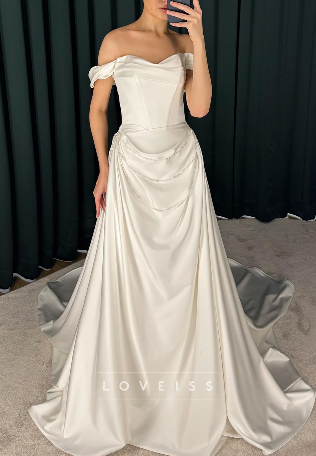 Off-Shoulder Sleek Pleated Pearl Sheath Wedding Dress