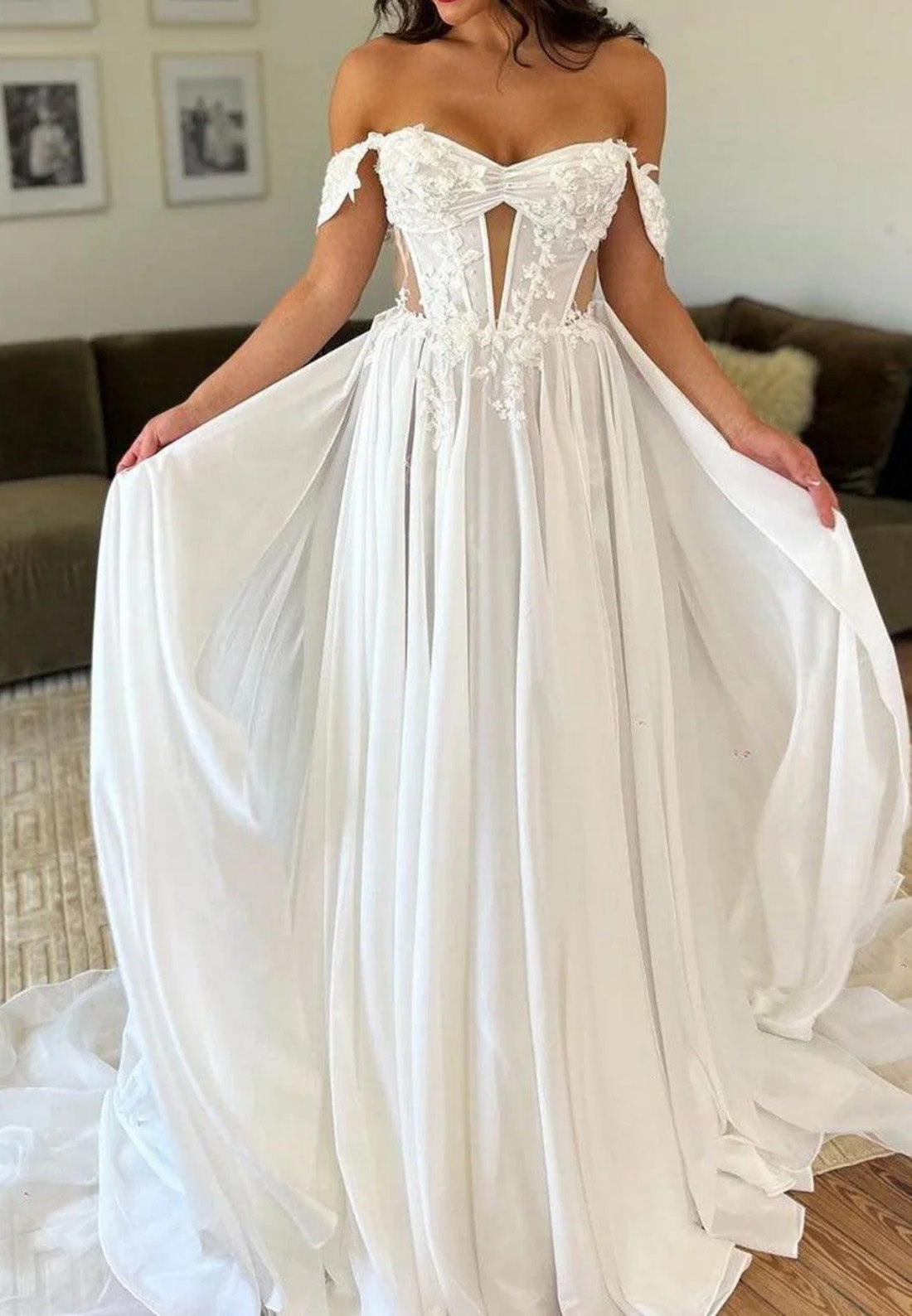 Off-Shoulder Sleeveless Appliques A-Line Wedding Dress