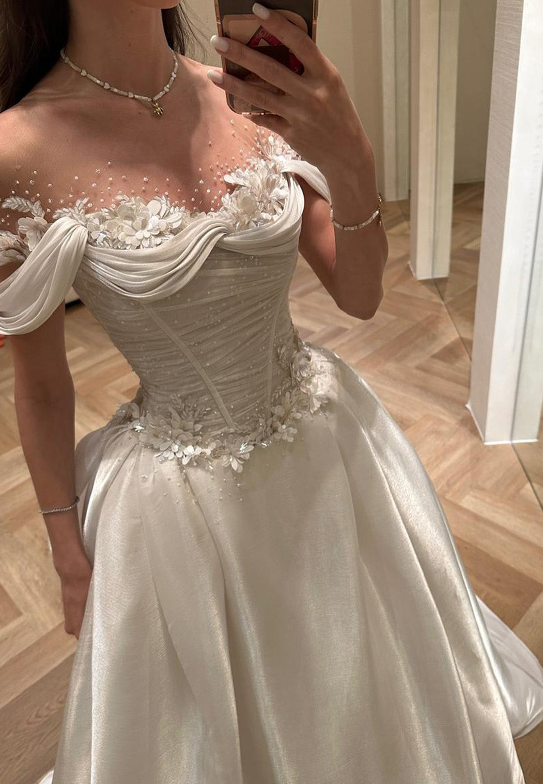 Off-Shoulder Sleeveless Appliques Beaded A-Line Wedding Dress