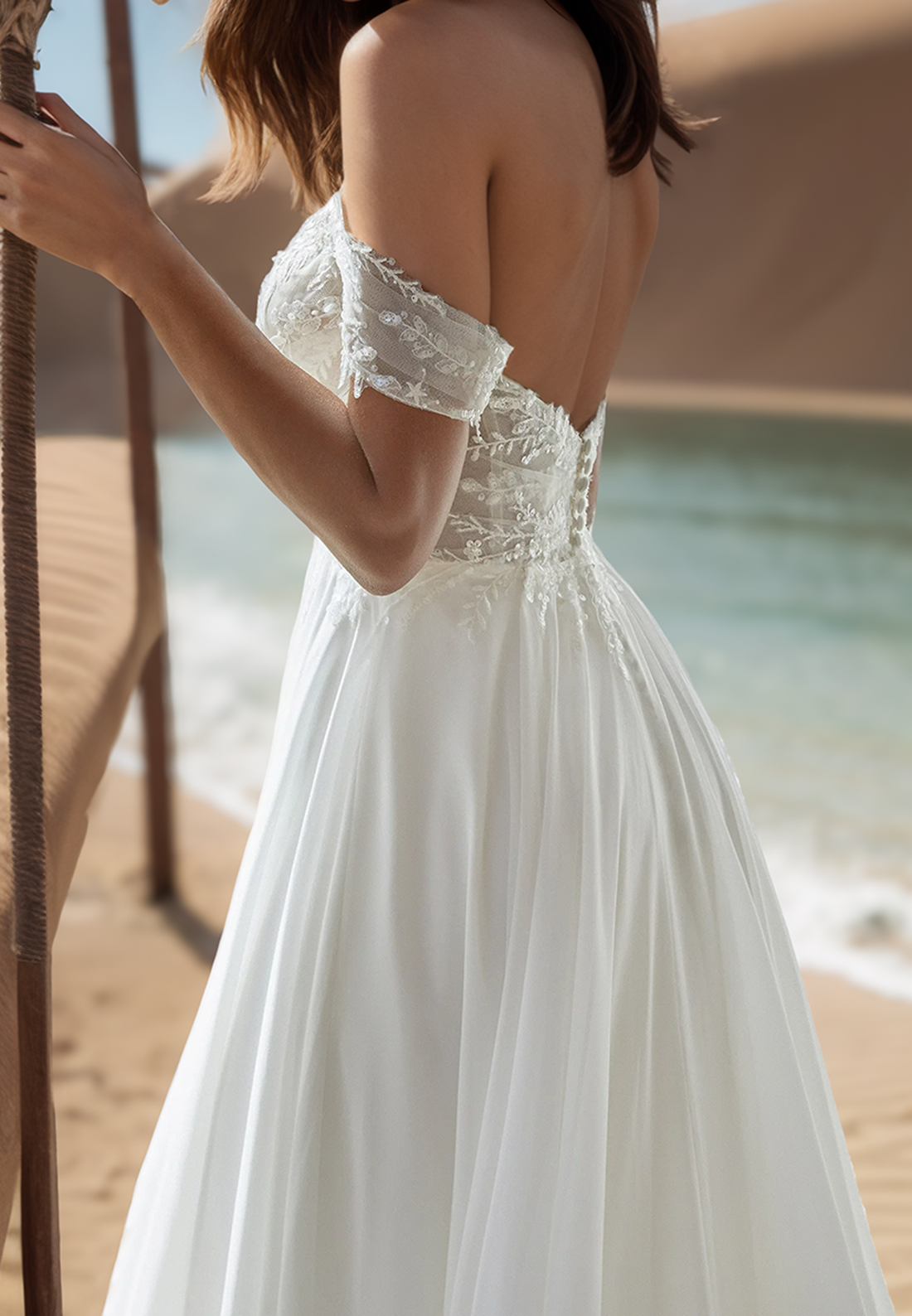 Off-Shoulder Sleeveless Appliques Chiffon Pleated A-Line Beach Wedding Dress