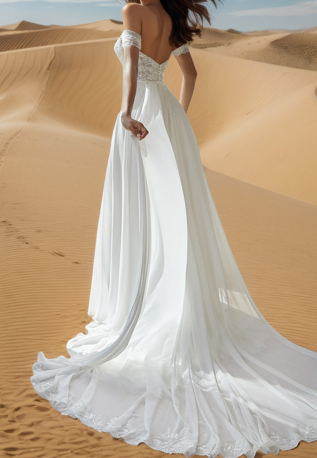 Off-Shoulder Sleeveless Appliques Chiffon Pleated A-Line Beach Wedding Dress