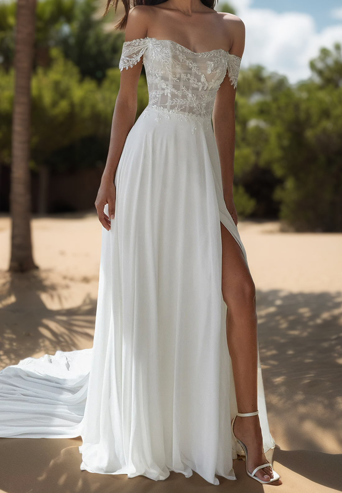 Off-Shoulder Sleeveless Appliques Chiffon Pleated A-Line Beach Wedding Dress
