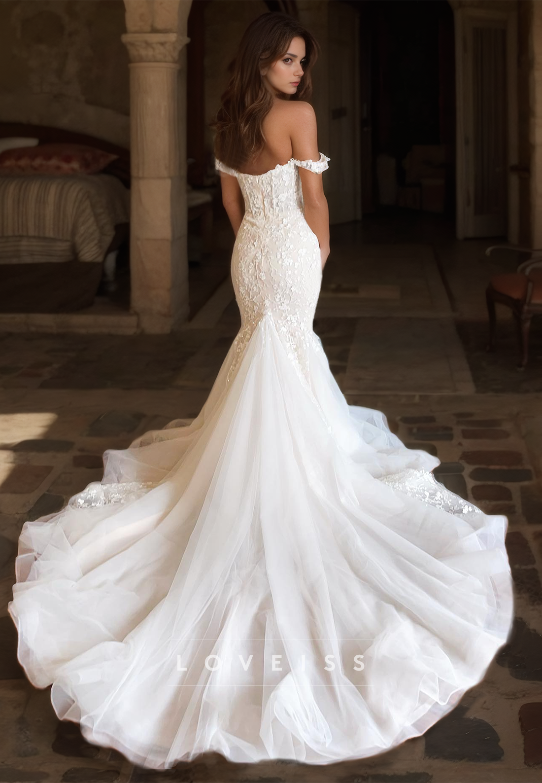 Off-Shoulder Sleeveless Appliques Mermaid Sweep Train Wedding Dress