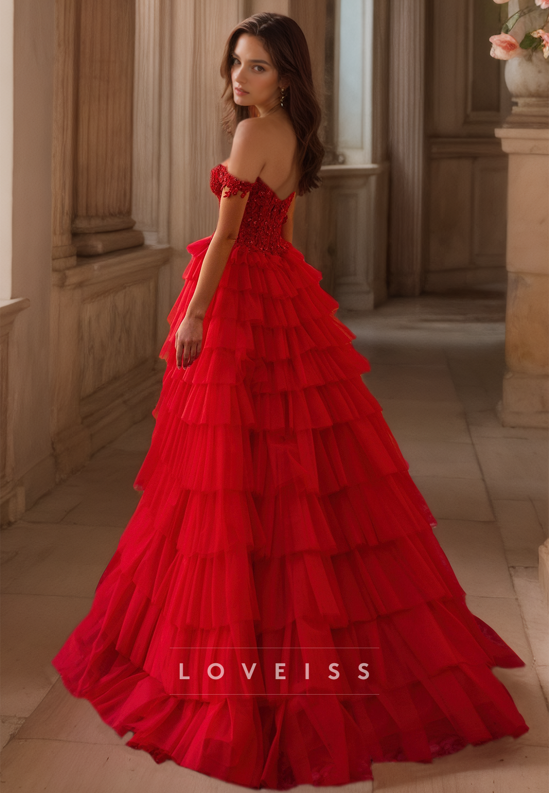 Off-Shoulder Sleeveless Appliques Tiered Ball Gown Prom Dress