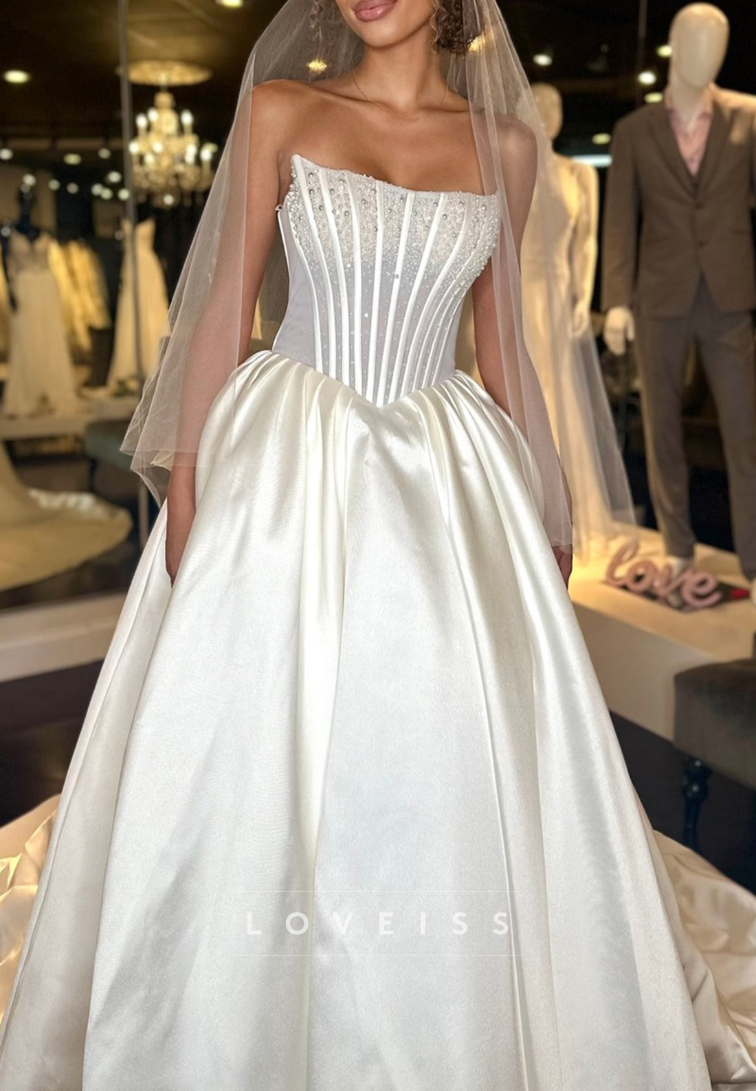 Off-Shoulder Sleeveless Beaded Corset A-Line Wedding Dress