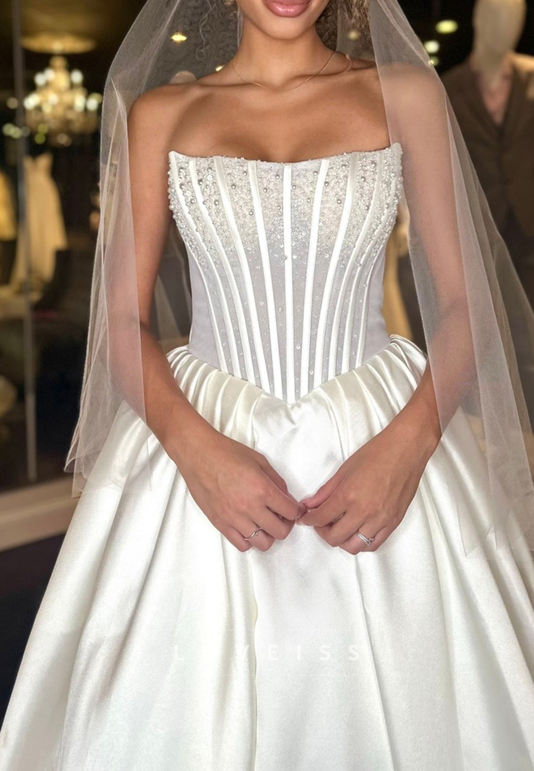 Off-Shoulder Sleeveless Beaded Corset A-Line Wedding Dress