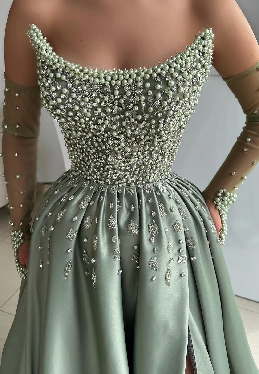 Off-Shoulder Sleeveless Beaded Pearl A-Line Prom Dress