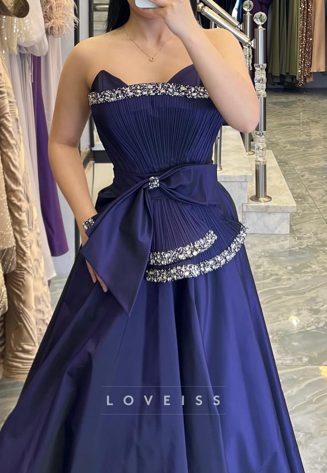 Off-Shoulder Sleeveless Beaded Pleated Satin A-Line Evening Dress