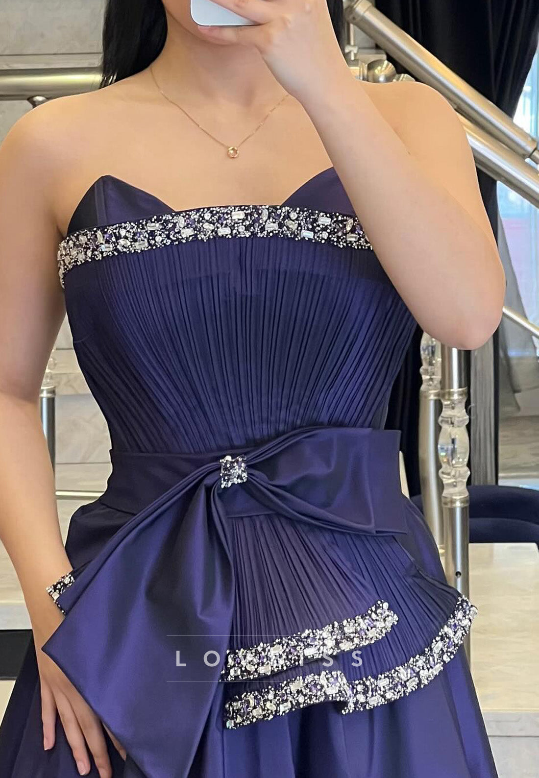 Off-Shoulder Sleeveless Beaded Pleated Satin A-Line Evening Dress