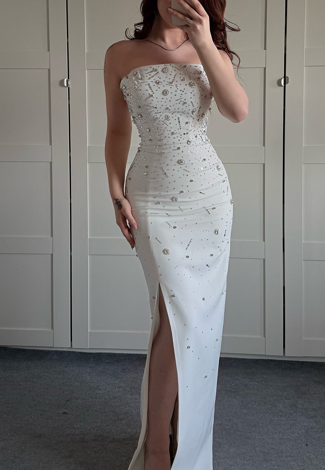 Off-Shoulder Sleeveless Beaded Side Slit Sheath Prom Dress